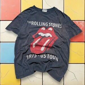 Rolling Stones 1975 US Tour Tee Y2K Black S Sun Faded Band Rock Music Lips Shirt